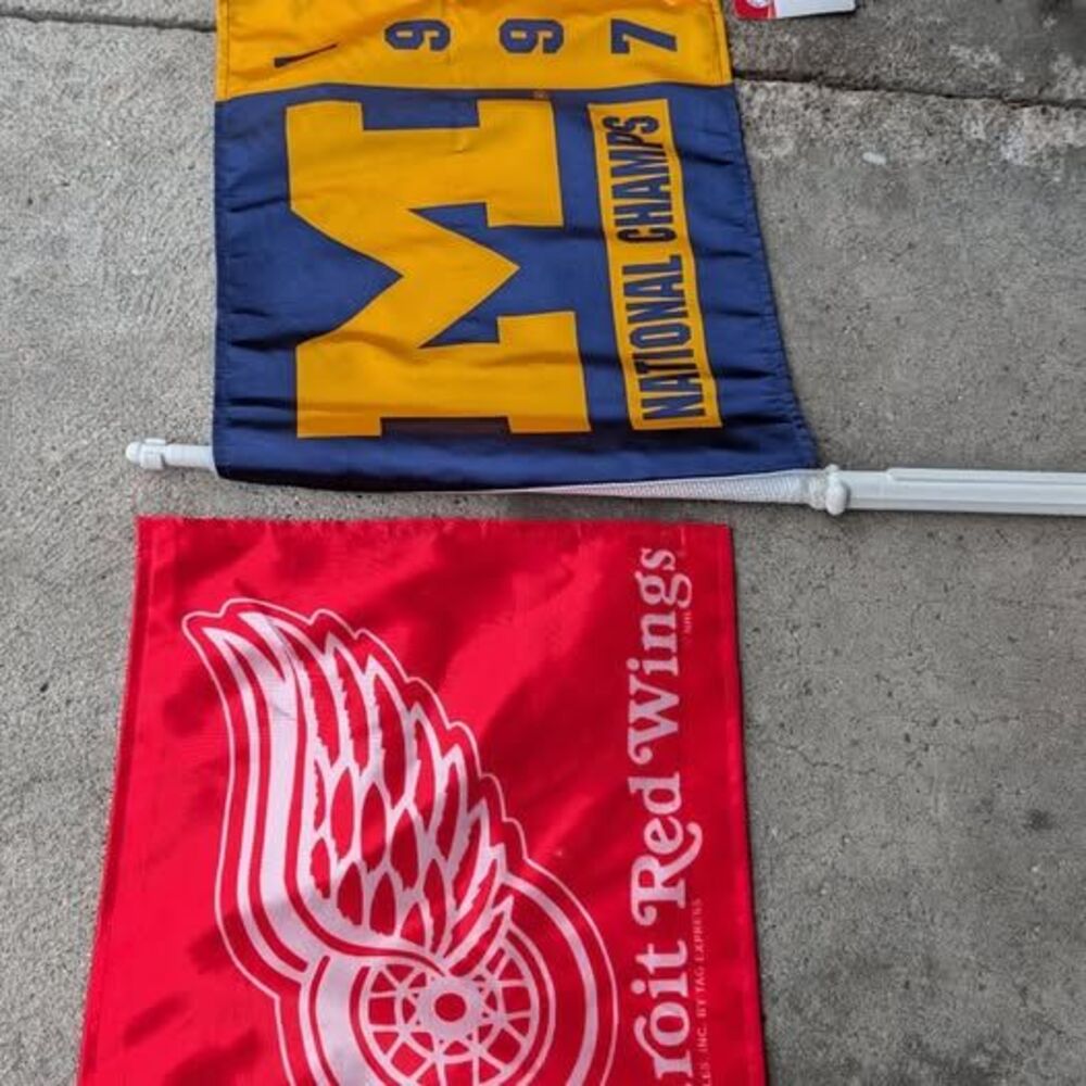 Lot of 3 Vintage Michigan Car Flags 1997 National Champs Wolverines Red Wings